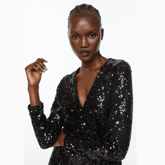H&M Sequined Wrap Dress "Stunning" V-Neck Midi Long Sleeve - Picture 3 of 7